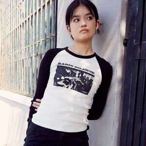 Brandy Melville Radio Silence Graphic Black and White Long Sleeve Tee